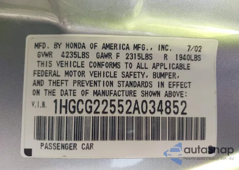 2002 Honda Accord 3.0 Ex из США, поврежденный, VIN 1HGCG22552A034852